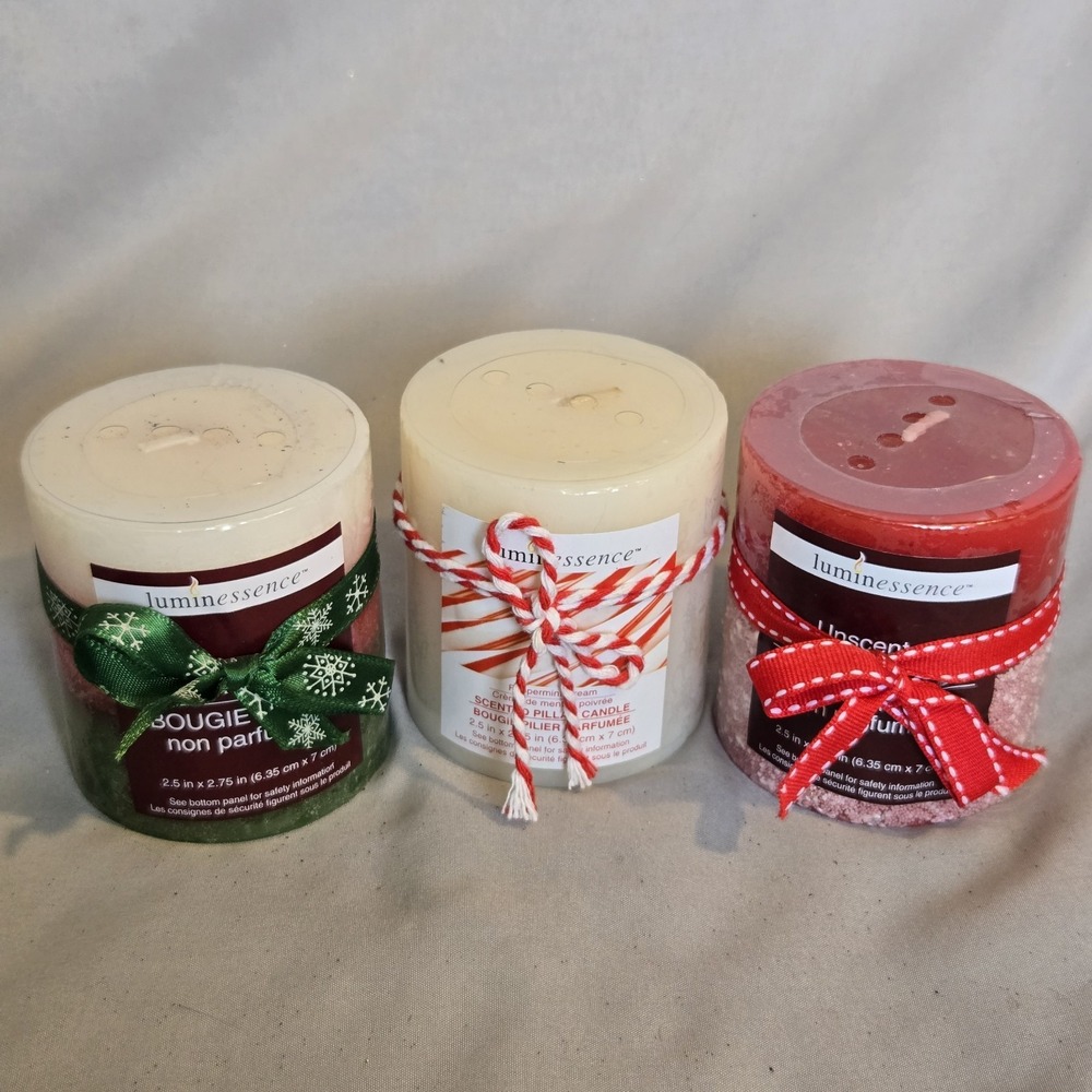Luminessence Christmas Pillar Candles Set of 3 Peppermint Holiday Red Green